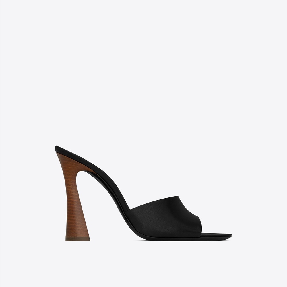Saint Laurent Black Leather Open-Toe Mule with Sculpted Brown Heel - Picture 5 of 6